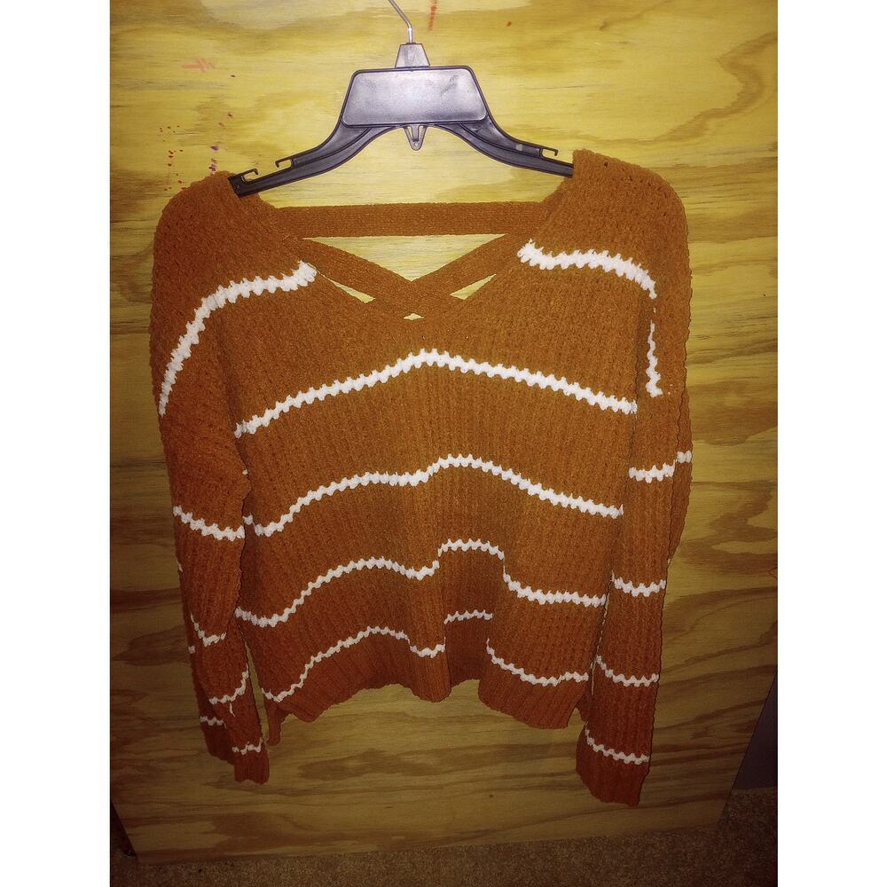 Women's Moral Fiber 1x Striped Sweater Criss Cross Back Cozy Fall